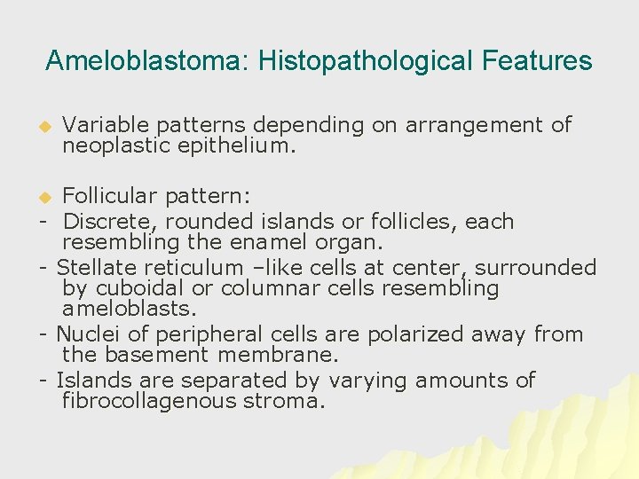 Ameloblastoma: Histopathological Features u u - Variable patterns depending on arrangement of neoplastic epithelium.