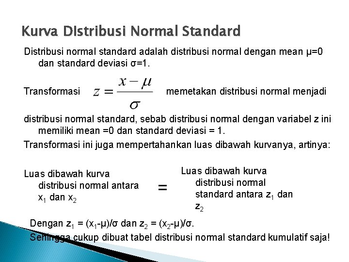 Kurva DIstribusi Normal Standard Distribusi normal standard adalah distribusi normal dengan mean μ=0 dan