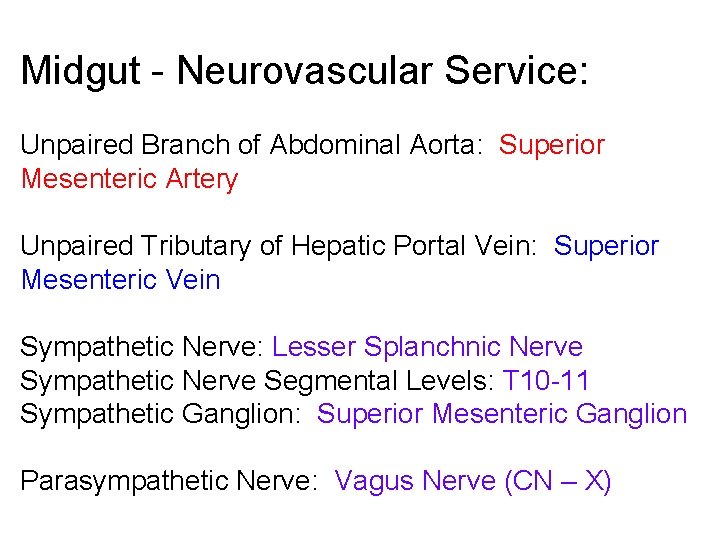 Midgut - Neurovascular Service: Unpaired Branch of Abdominal Aorta: Superior Mesenteric Artery Unpaired Tributary