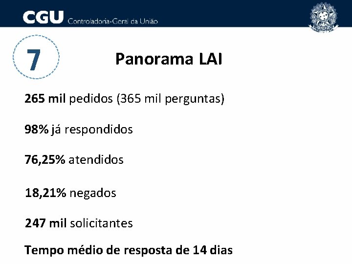 7 Panorama LAI 265 mil pedidos (365 mil perguntas) 98% já respondidos 76, 25%