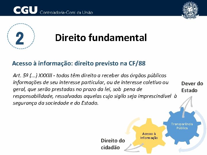 2 Direito fundamental Acesso à informação: direito previsto na CF/88 Art. 5º (. .