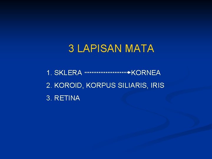 3 LAPISAN MATA 1. SKLERA KORNEA 2. KOROID, KORPUS SILIARIS, IRIS 3. RETINA 