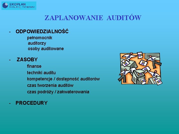 ZAPLANOWANIE AUDITÓW - ODPOWIEDZIALNOŚĆ pełnomocnik auditorzy osoby auditowane - ZASOBY finanse techniki auditu kompetencje
