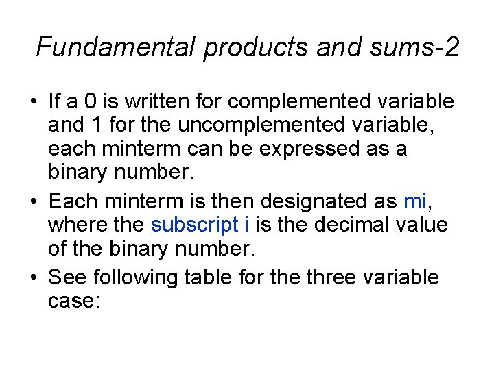 Fundamental products and sums-2 • If a 0 is written for complemented variable and