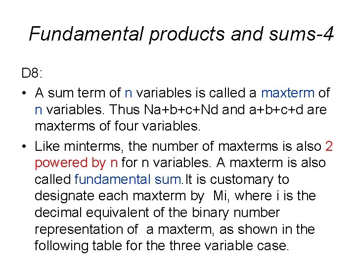 Fundamental products and sums-4 D 8: • A sum term of n variables is