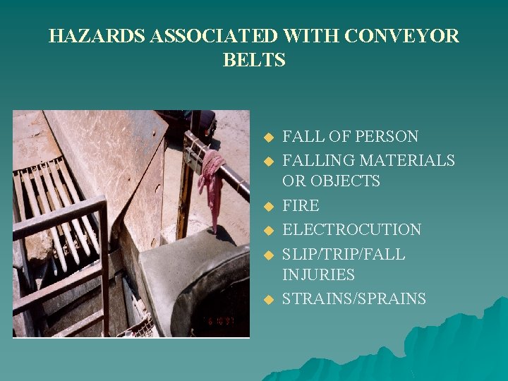 HAZARDS ASSOCIATED WITH CONVEYOR BELTS u u u FALL OF PERSON FALLING MATERIALS OR