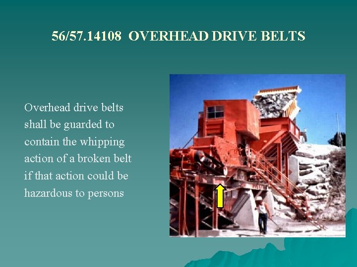 56/57. 14108 OVERHEAD DRIVE BELTS Overhead drive belts shall be guarded to contain the