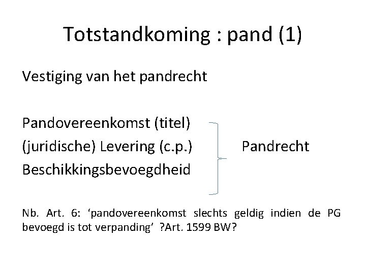 Totstandkoming : pand (1) Vestiging van het pandrecht Pandovereenkomst (titel) (juridische) Levering (c. p.