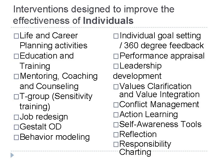 Interventions designed to improve the effectiveness of Individuals �Life and Career Planning activities �Education