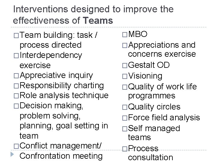 Interventions designed to improve the effectiveness of Teams �Team building: task / process directed