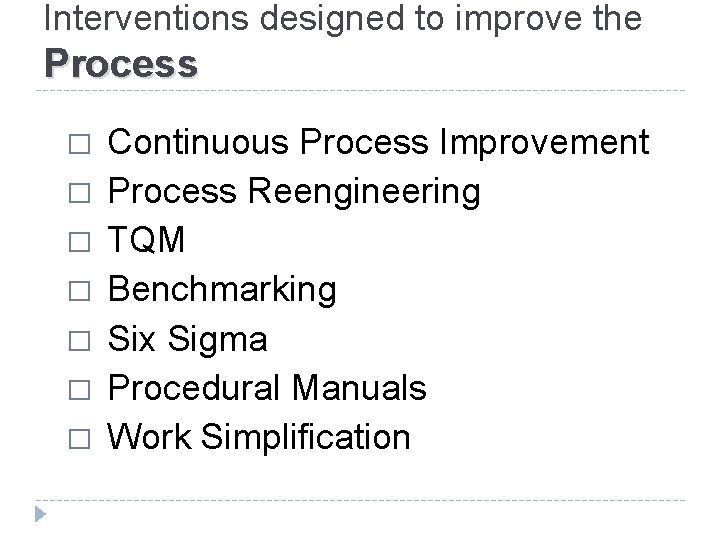 Interventions designed to improve the Process � � � � Continuous Process Improvement Process