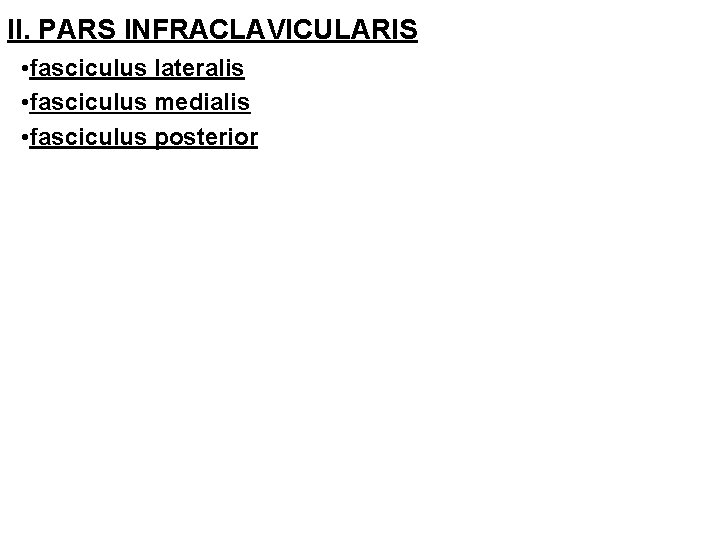 II. PARS INFRACLAVICULARIS • fasciculus lateralis • fasciculus medialis • fasciculus posterior 