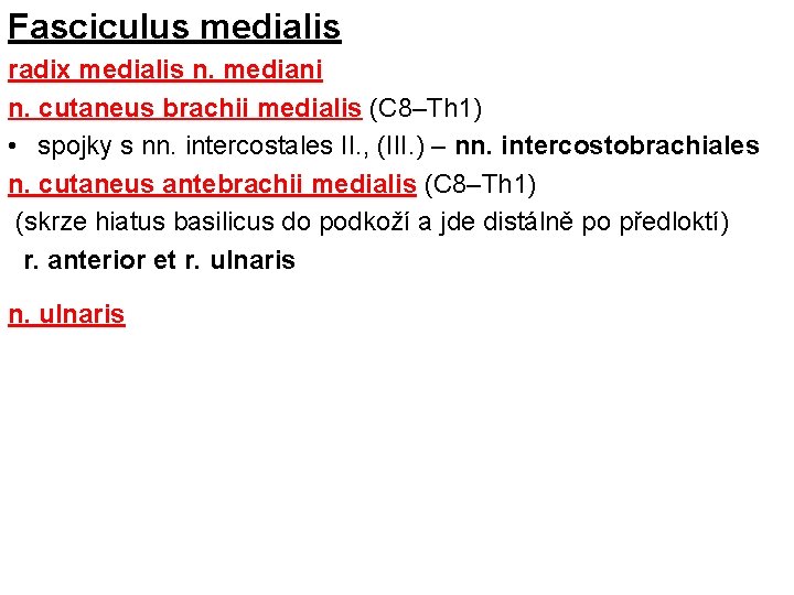 Fasciculus medialis radix medialis n. mediani n. cutaneus brachii medialis (C 8–Th 1) •