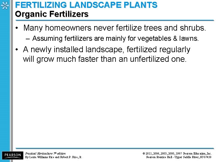 FERTILIZING LANDSCAPE PLANTS Organic Fertilizers • Many homeowners never fertilize trees and shrubs. –