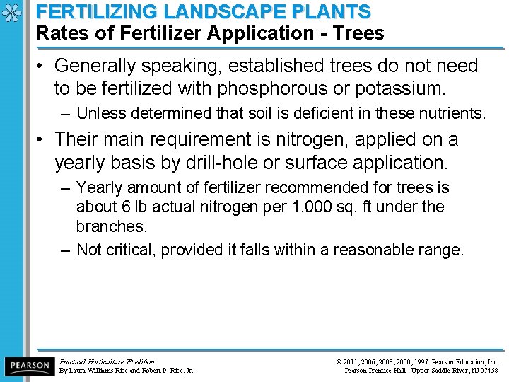 FERTILIZING LANDSCAPE PLANTS Rates of Fertilizer Application - Trees • Generally speaking, established trees