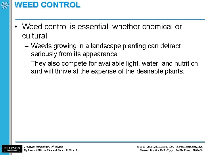 WEED CONTROL • Weed control is essential, whether chemical or cultural. – Weeds growing