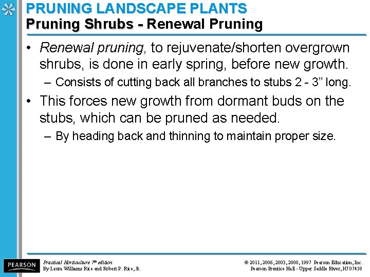 PRUNING LANDSCAPE PLANTS Pruning Shrubs - Renewal Pruning Shrubs - • Renewal pruning, to