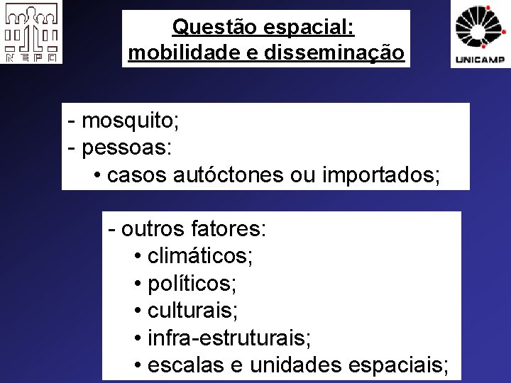 Questão espacial: mobilidade e disseminação - mosquito; - pessoas: • casos autóctones ou importados;