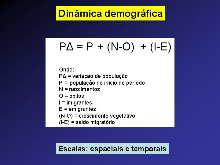 Dinâmica demográfica PΔ = Pi + (N-O) + (I-E) Onde: PΔ = variação de