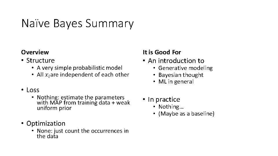 Naïve Bayes Summary Overview • It is Good For • An introduction to •