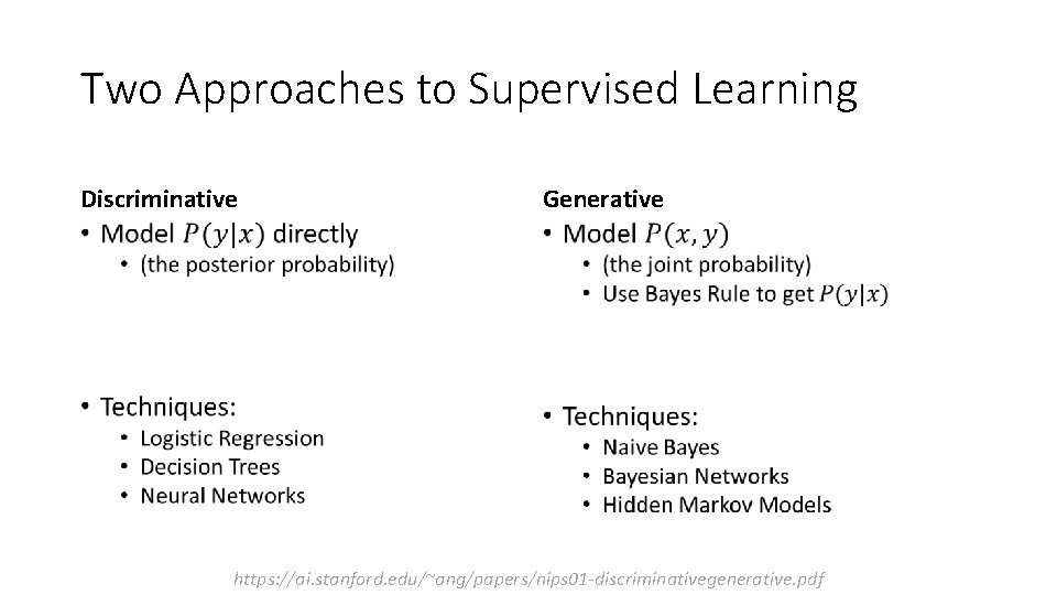 Two Approaches to Supervised Learning Discriminative Generative • • https: //ai. stanford. edu/~ang/papers/nips 01