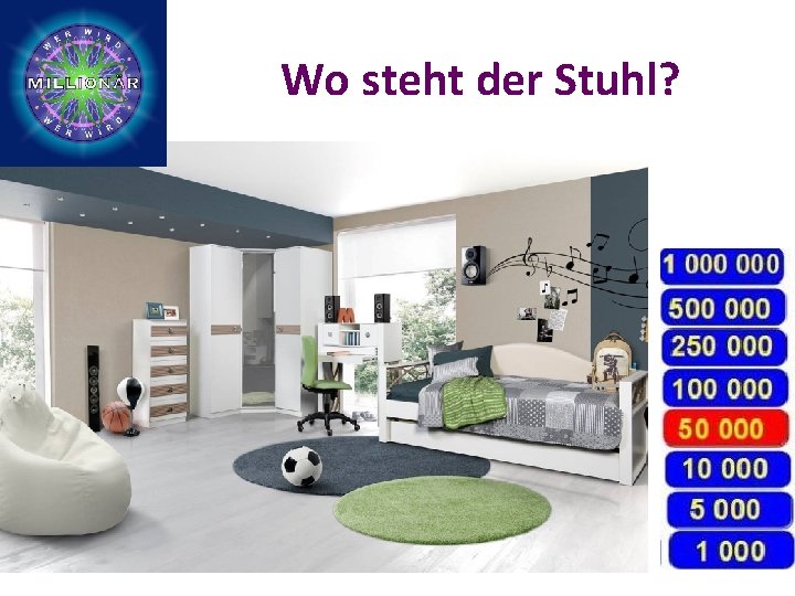 Wo steht der Stuhl? Der Stuhl steht … … rechts von dem Bett. …