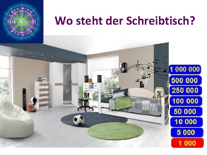 Wo steht der Schreibtisch? Der Schreibtisch steht … … zwischen der Kommode und dem