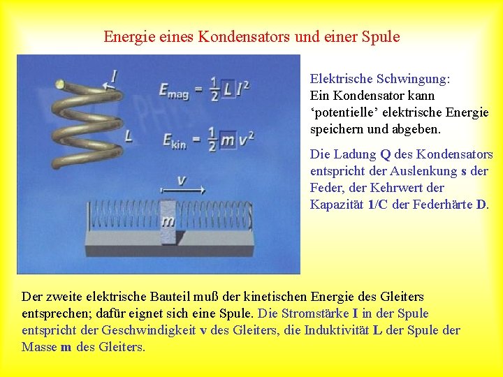 Energie eines Kondensators und einer Spule Elektrische Schwingung: Ein Kondensator kann ‘potentielle’ elektrische Energie