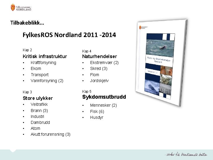 Tilbakeblikk… Fylkes. ROS Nordland 2011 -2014 Kap 2 Kap 4 Kritisk infrastruktur Naturhendelser •