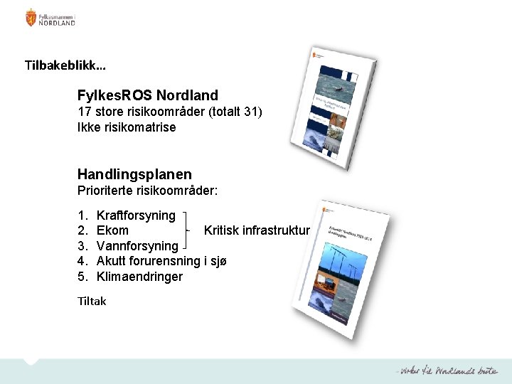 Tilbakeblikk… Fylkes. ROS Nordland 17 store risikoområder (totalt 31) Ikke risikomatrise Handlingsplanen Prioriterte risikoområder: