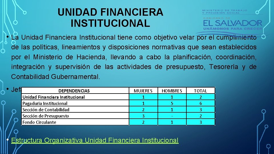 UNIDAD FINANCIERA INSTITUCIONAL • La Unidad Financiera Institucional tiene como objetivo velar por el