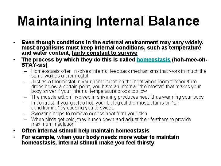 Maintaining Internal Balance • • Even though conditions in the external environment may vary