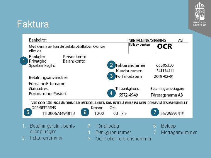 Faktura 1 2 3 4 5 1. Betalningsrutin, bank- eller plusgiro 2. Fakturanummer 6