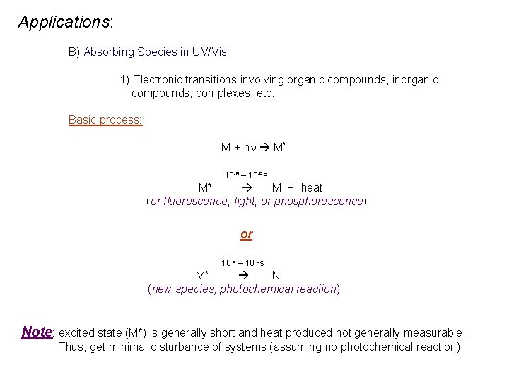 Applications: B) Absorbing Species in UV/Vis: 1) Electronic transitions involving organic compounds, inorganic compounds, Applications: B) Absorbing Species in UV/Vis: 1) Electronic transitions involving organic compounds, inorganic compounds,