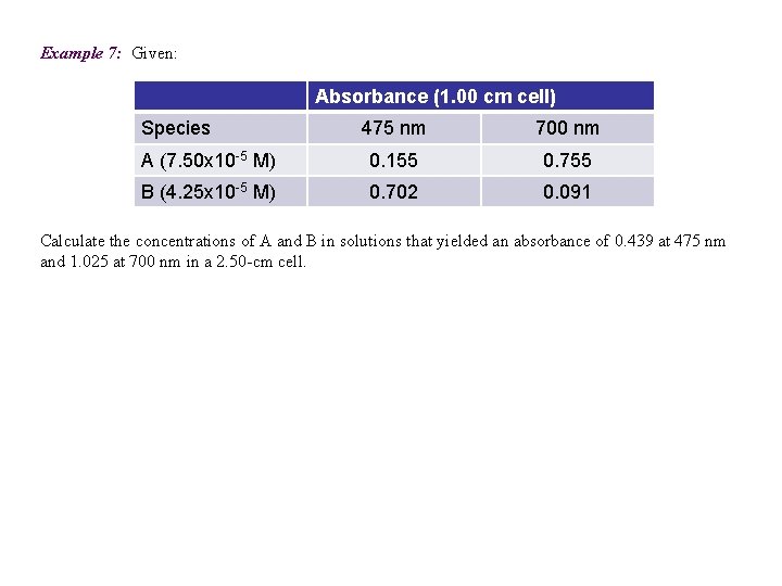 Example 7: Given: Absorbance (1. 00 cm cell) Species 475 nm 700 nm A Example 7: Given: Absorbance (1. 00 cm cell) Species 475 nm 700 nm A