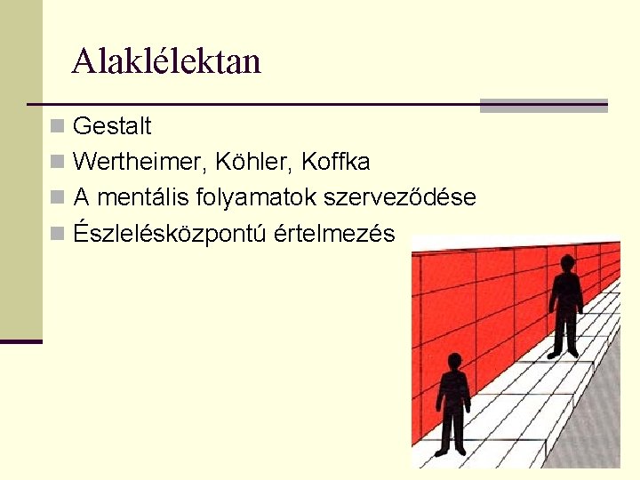 Alaklélektan n Gestalt n Wertheimer, Köhler, Koffka n A mentális folyamatok szerveződése n Észlelésközpontú