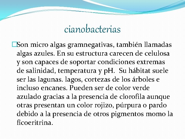cianobacterias �Son micro algas gramnegativas, también llamadas algas azules. En su estructura carecen de