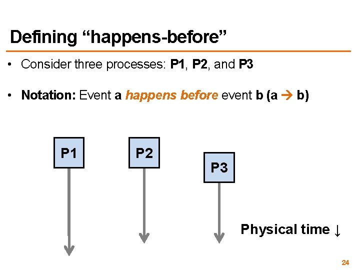 Defining “happens-before” • Consider three processes: P 1, P 2, and P 3 •