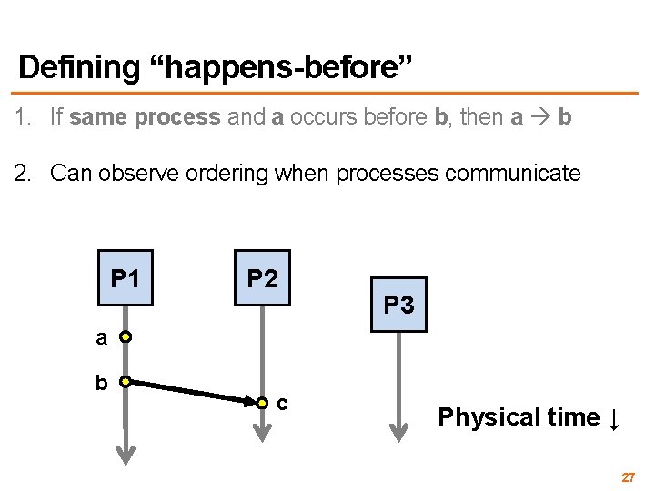 Defining “happens-before” 1. If same process and a occurs before b, then a b