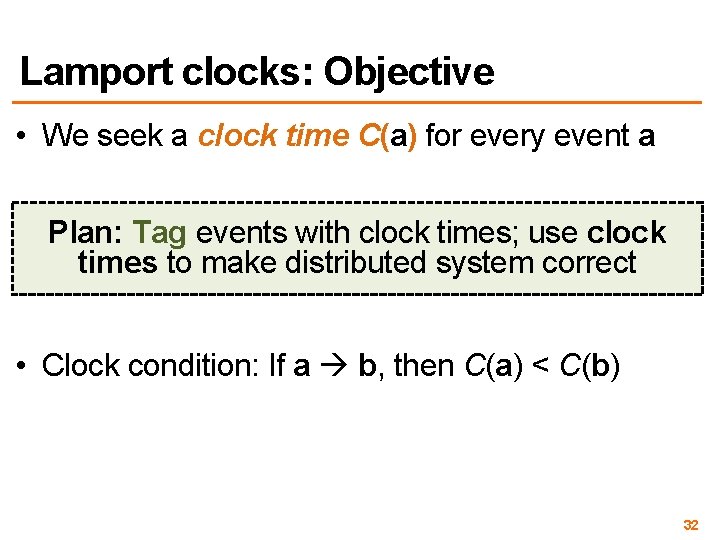 Lamport clocks: Objective • We seek a clock time C(a) for every event a