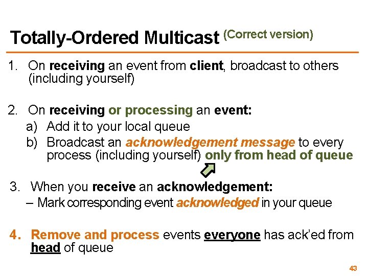 Totally-Ordered Multicast (Correct version) 1. On receiving an event from client, broadcast to others