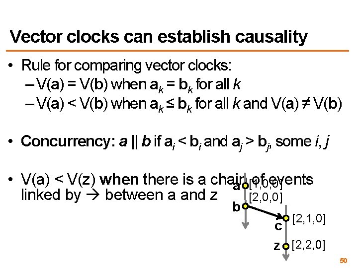 Vector clocks can establish causality • Rule for comparing vector clocks: – V(a) =