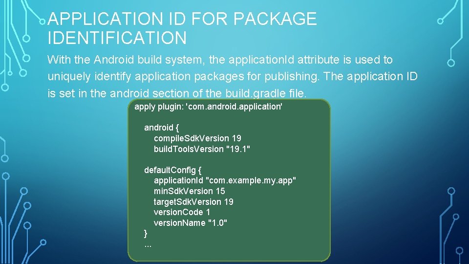 APPLICATION ID FOR PACKAGE IDENTIFICATION With the Android build system, the application. Id attribute