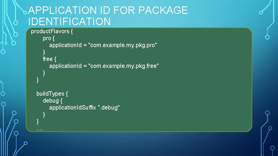 APPLICATION ID FOR PACKAGE IDENTIFICATION product. Flavors { pro { application. Id = "com.