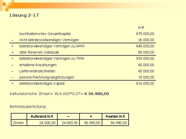 Lösung 2 -17 in € buchhalterisches Gesamtkapital 875. 000, 00 – nicht betriebsnotwendiges Vermögen