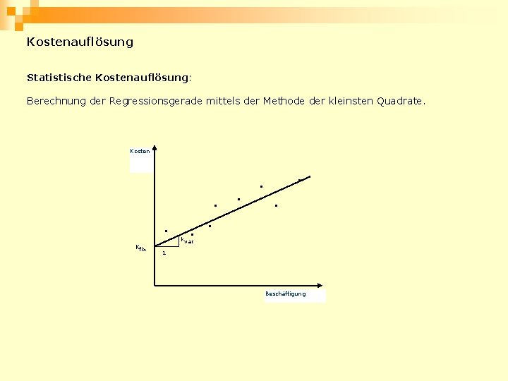 Kostenauflösung Statistische Kostenauflösung: Berechnung der Regressionsgerade mittels der Methode der kleinsten Quadrate. Kosten Kfix