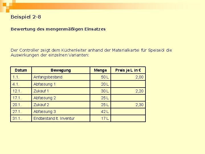 Beispiel 2 -8 Bewertung des mengenmäßigen Einsatzes Der Controller zeigt dem Küchenleiter anhand der