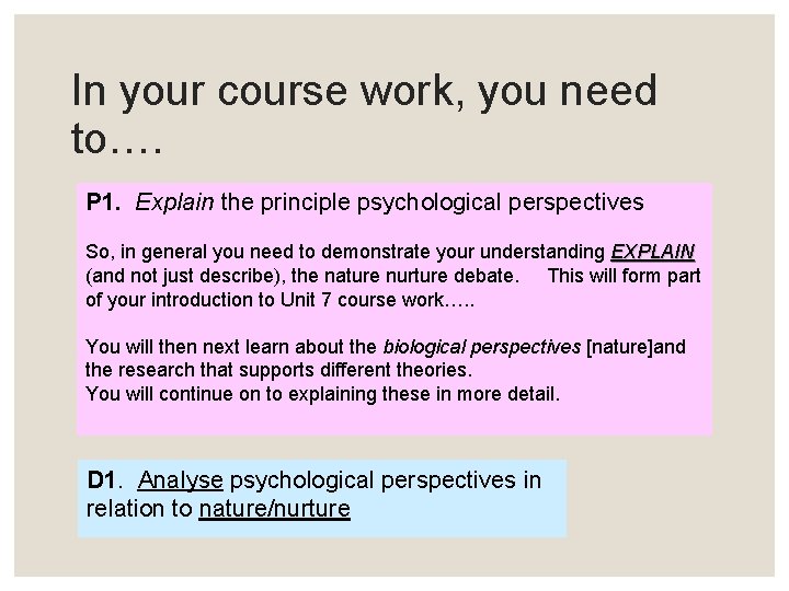 In your course work, you need to…. P 1. Explain the principle psychological perspectives