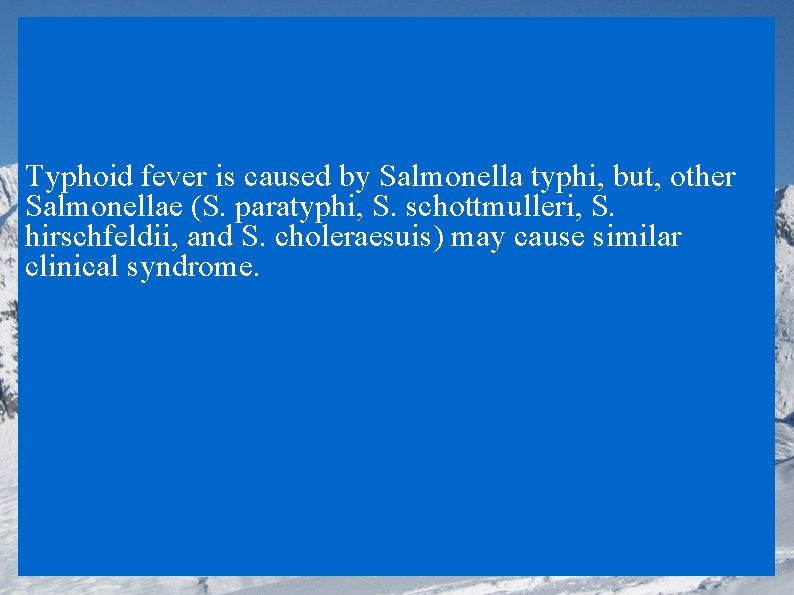 Typhoid fever is caused by Salmonella typhi, but, other Salmonellae (S. paratyphi, S. schottmulleri,