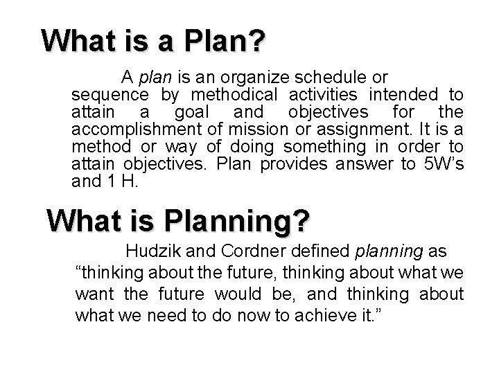 What is a Plan? A plan is an organize schedule or sequence by methodical